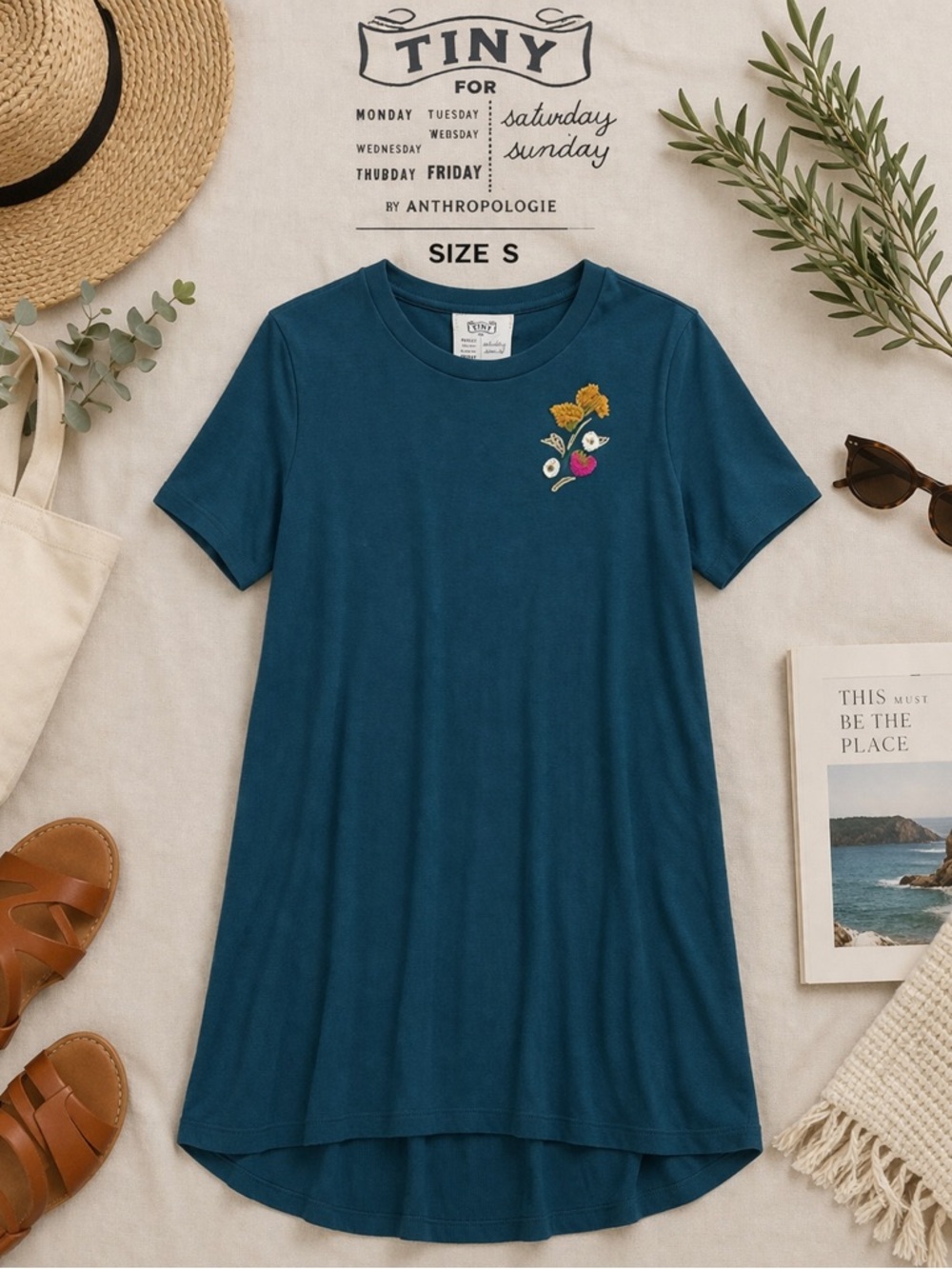 Tiny by Anthropologie Teal Embroidered Floral Cotton T-shirt Dress Small